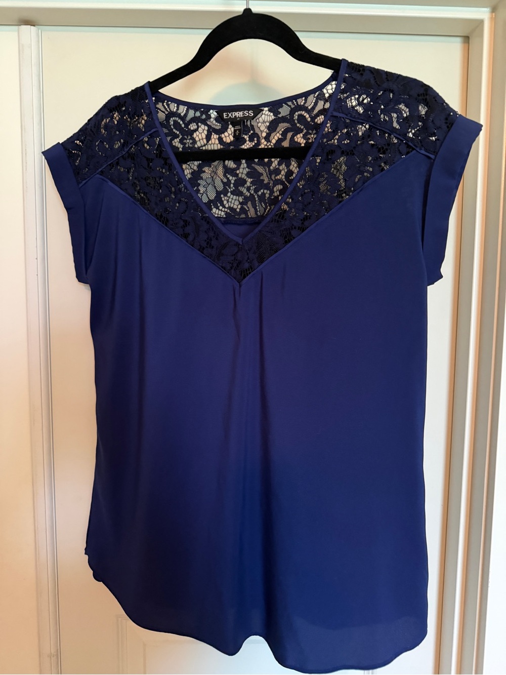 Express Navy Lace V-Neck Short Sleeve Blouse